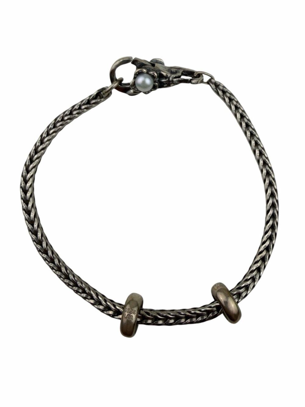 Trollbeads LAA Sterling Silver Bracelet 7.5" Pearl Flower Clasp 2 Spacers